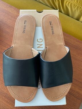 Call It Spring Black and Tan Slide Sandals